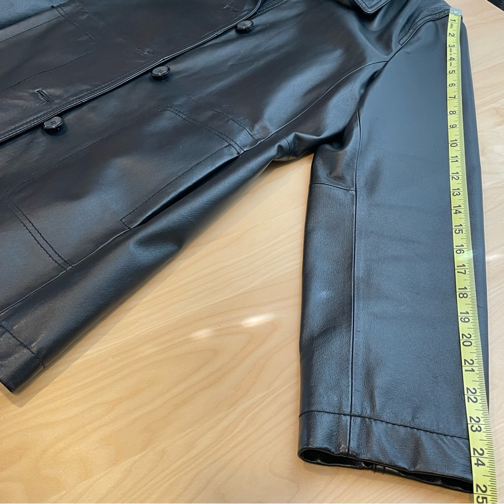 Vintage 90s Black Leather Jacket Large Minimalist Grunge Goth Biker Trench Coat - Picture 14 of 15